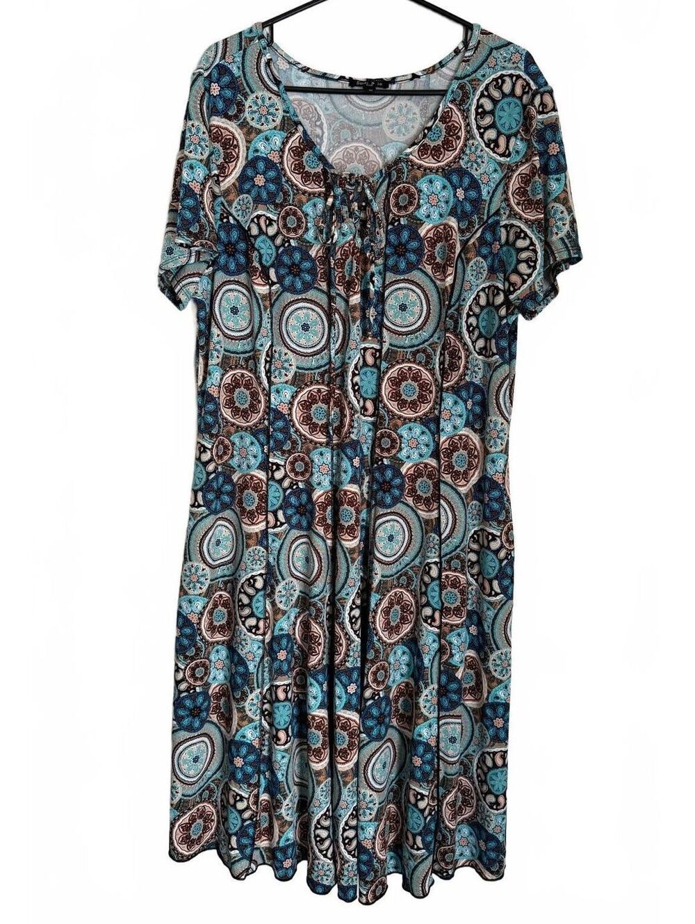 Sami & Jo Dress Size 3X Fit and Flare Geometric Floral Blue Brown Indie Work